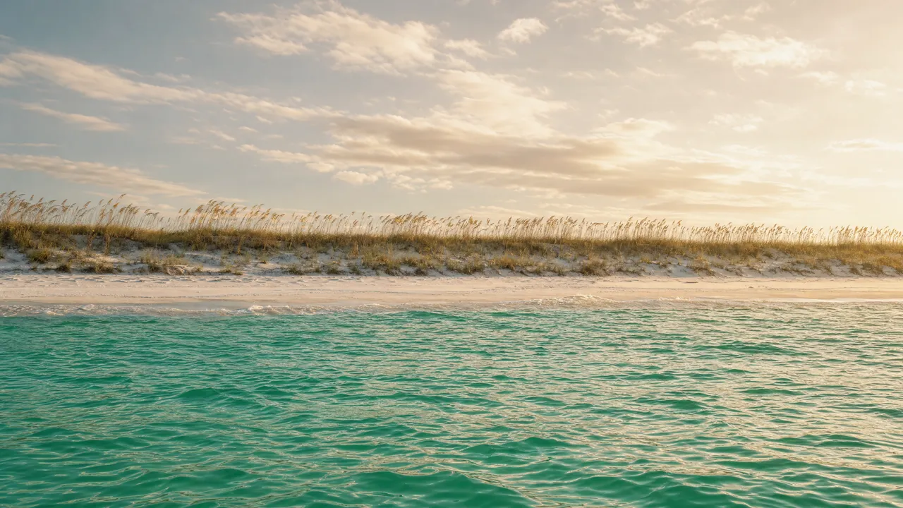 Low undeveloped dune line along the 30A coast near Grayton Beach seen from a yacht offshore