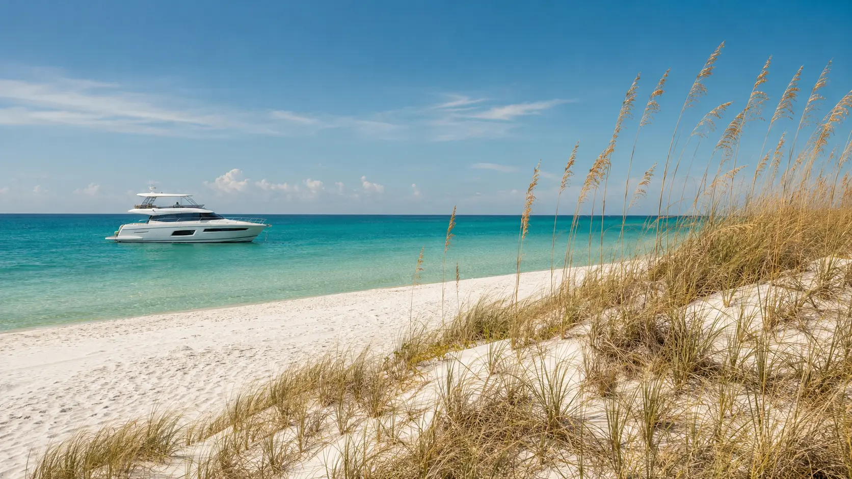 Aerial view of the 30A coastline with sea oats in the foreground and a private yacht charter anchored offshore