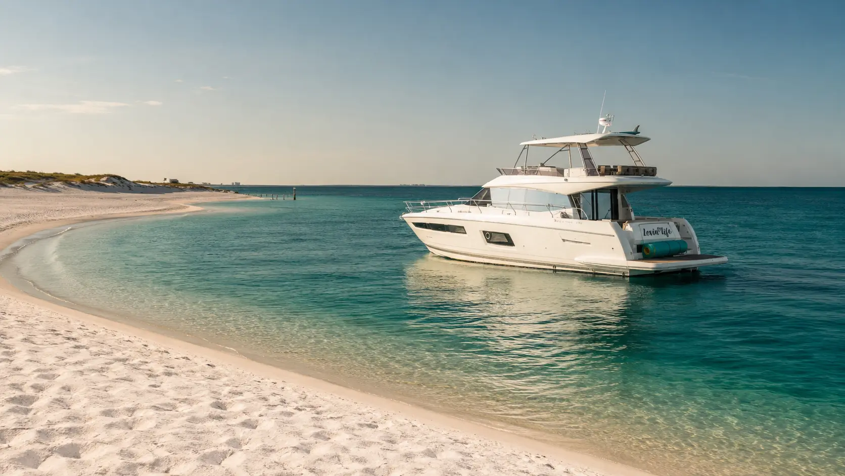 The Lovin' Life yacht anchored near a quiet 30A beach and channel marker