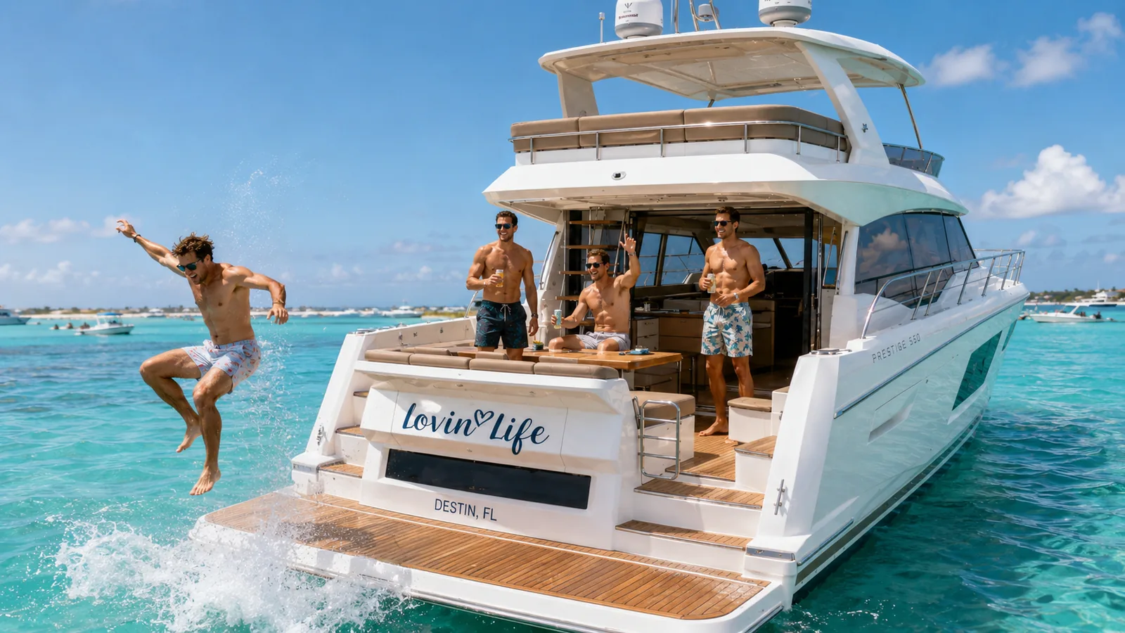 Bachelor Party Boat Charter Swim Day in Destin, FL A group of friends jumping off the swim platform of a bachelor party boat charter in Destin over clear turquoise water
