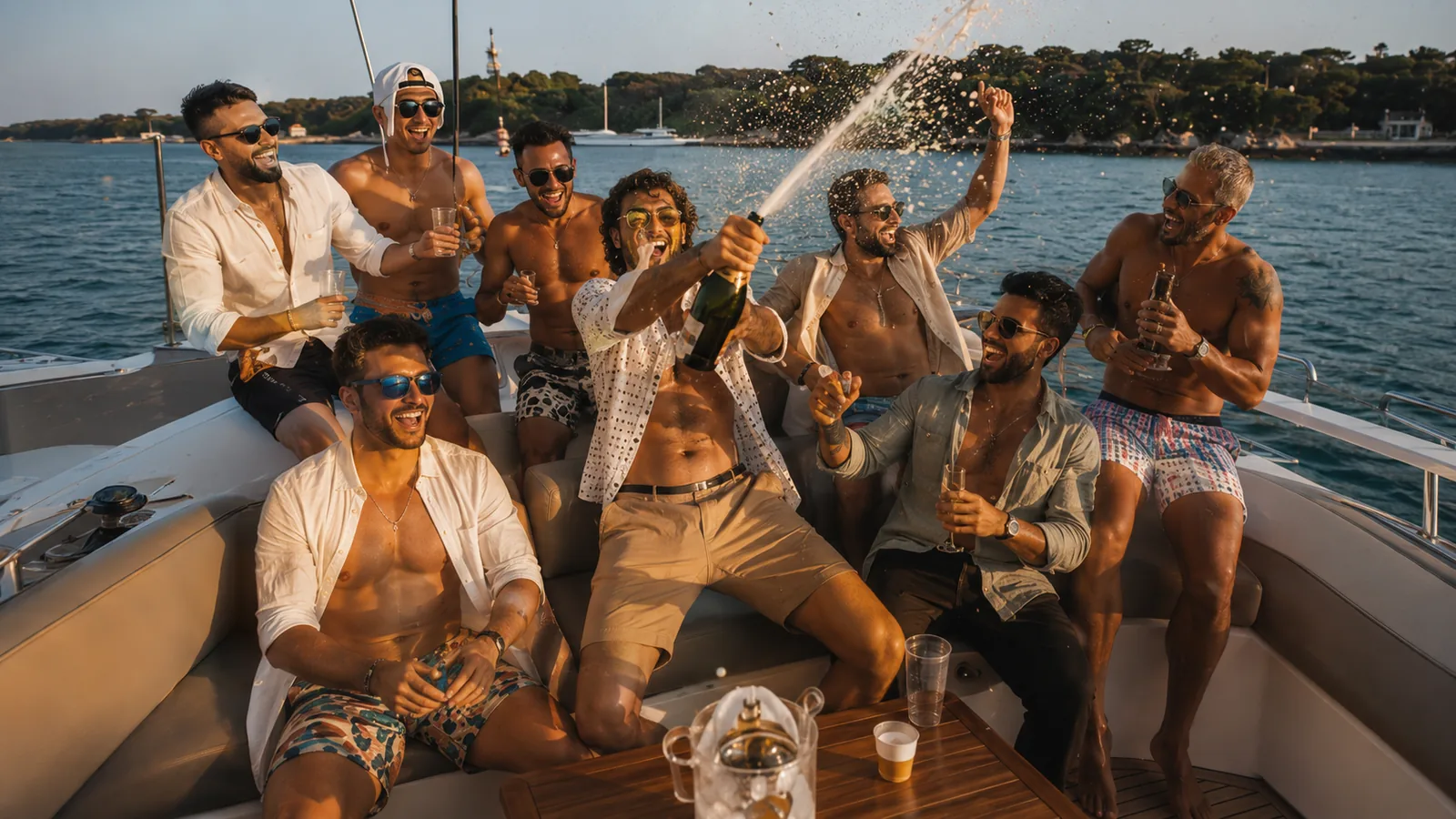 A group of guys spraying champagne and celebrating on the deck of a bachelor party yacht charter in Destin at golden hour