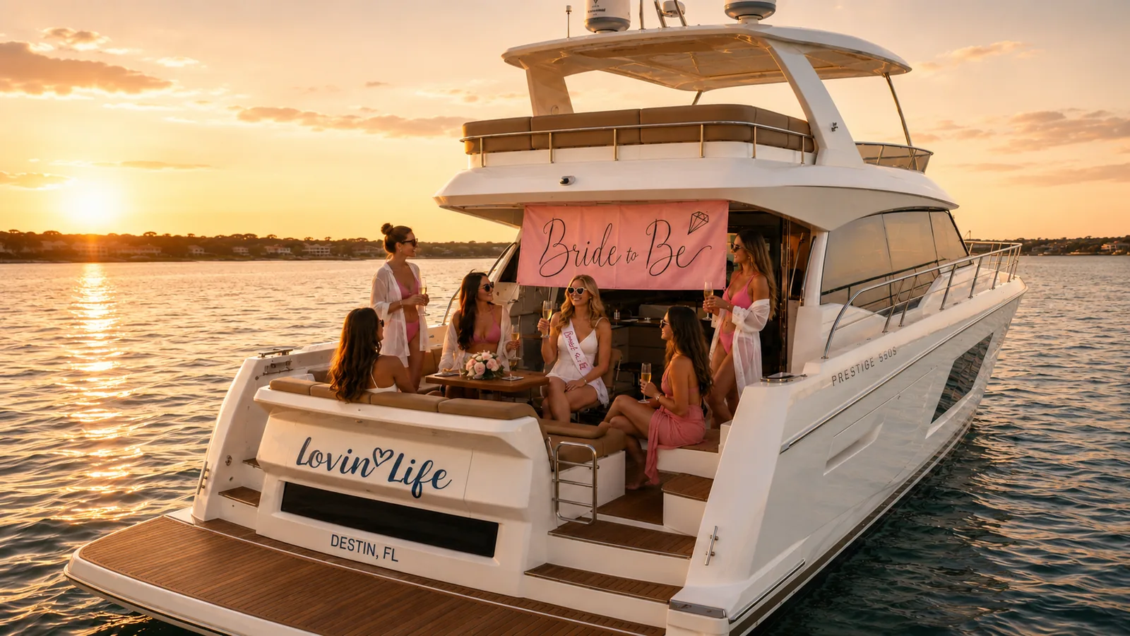 Bachelorette Yacht Charter in Destin, FL A bride-to-be and her group celebrating on the deck of a bachelorette yacht charter in Destin, FL, with a "Bride to Be" banner at sunset