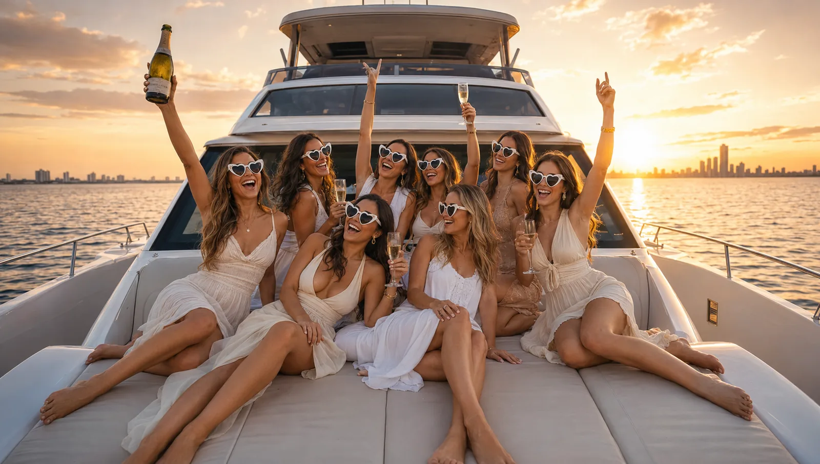 Women in white dresses toasting champagne on the bow of a bachelorette yacht charter at sunset in Destin