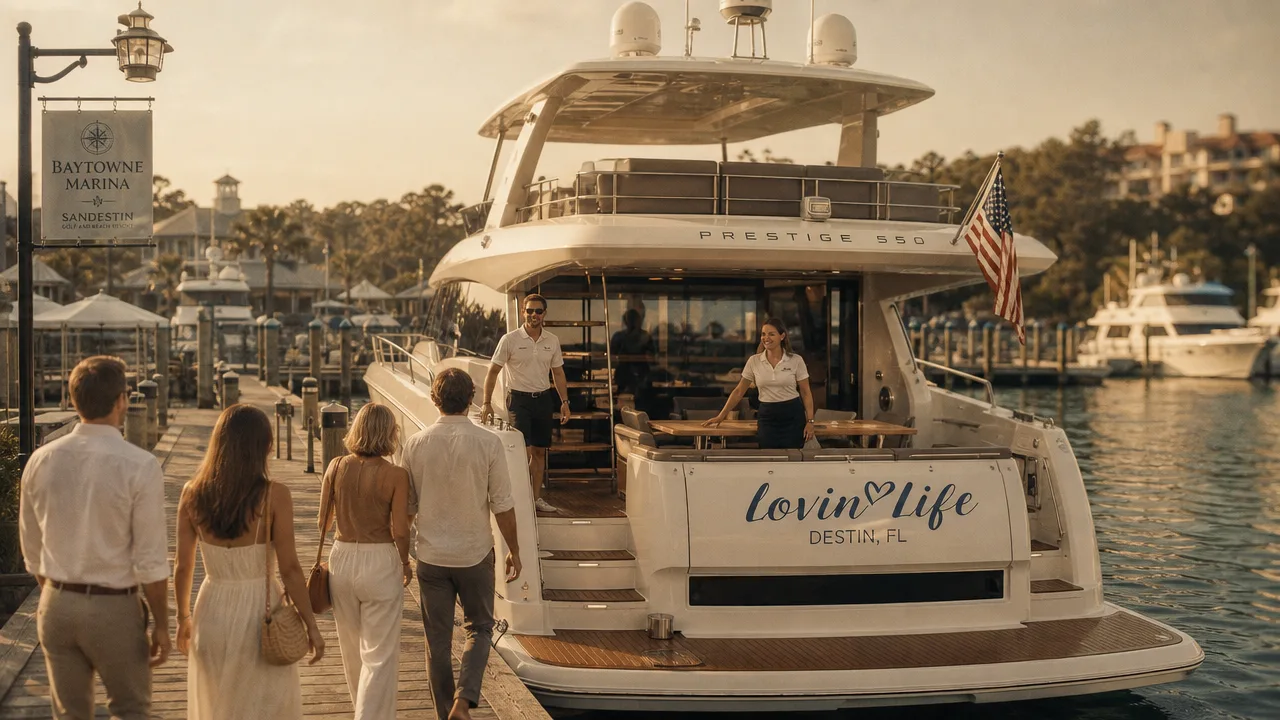 Guests boarding a private yacht charter at Baytowne Marina in Sandestin, Florida