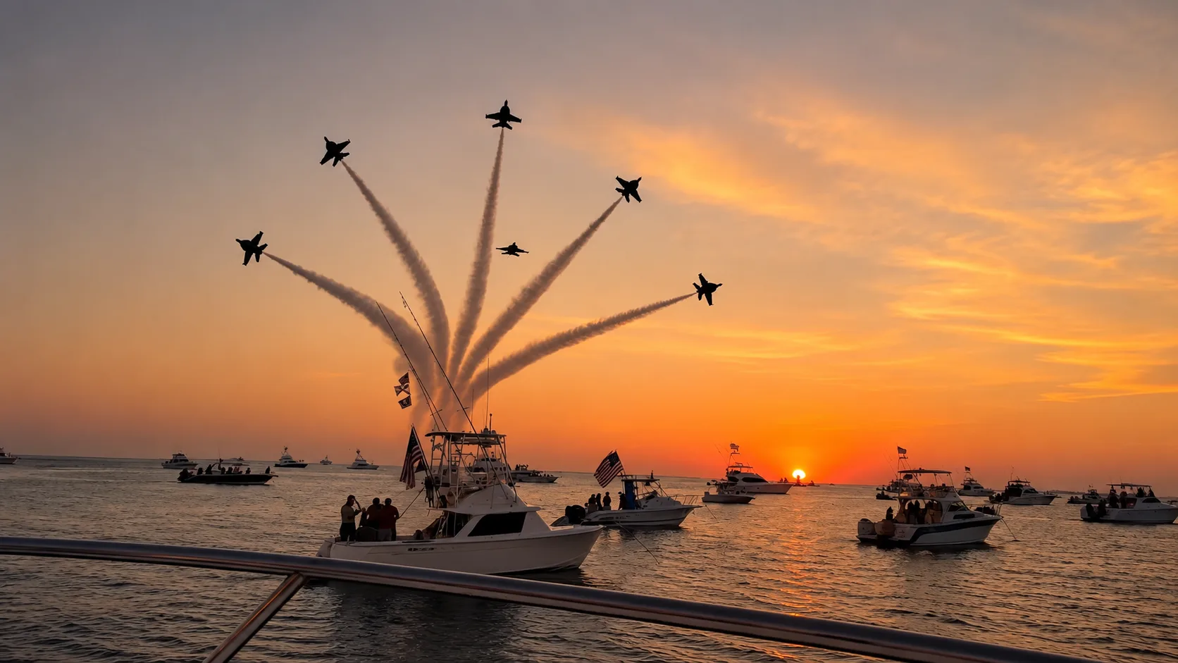 Blue Angels jets performing over the water at sunset, viewed from a private yacht charter