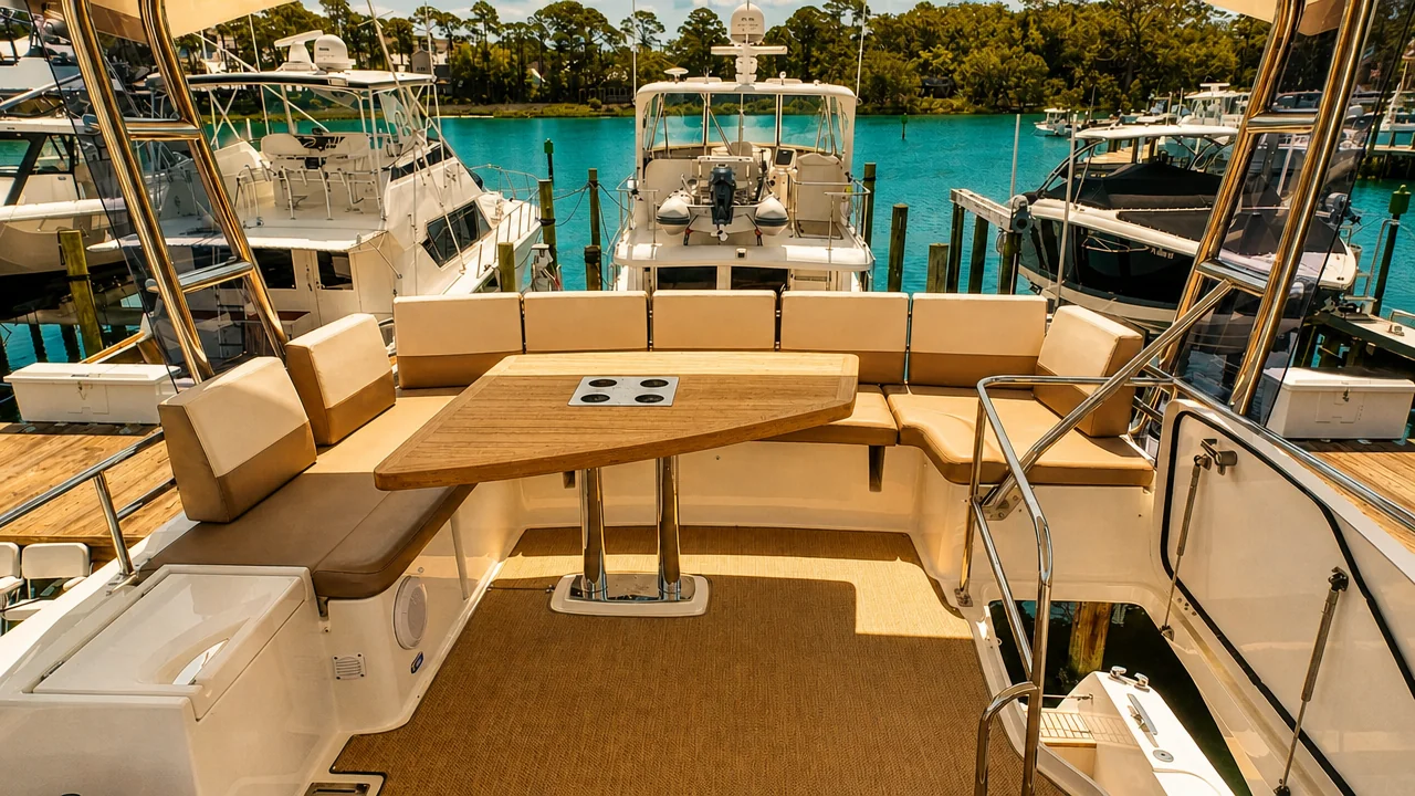 Shaded cockpit seating and teak table aboard a Destin yacht charter docked at a turquoise marina