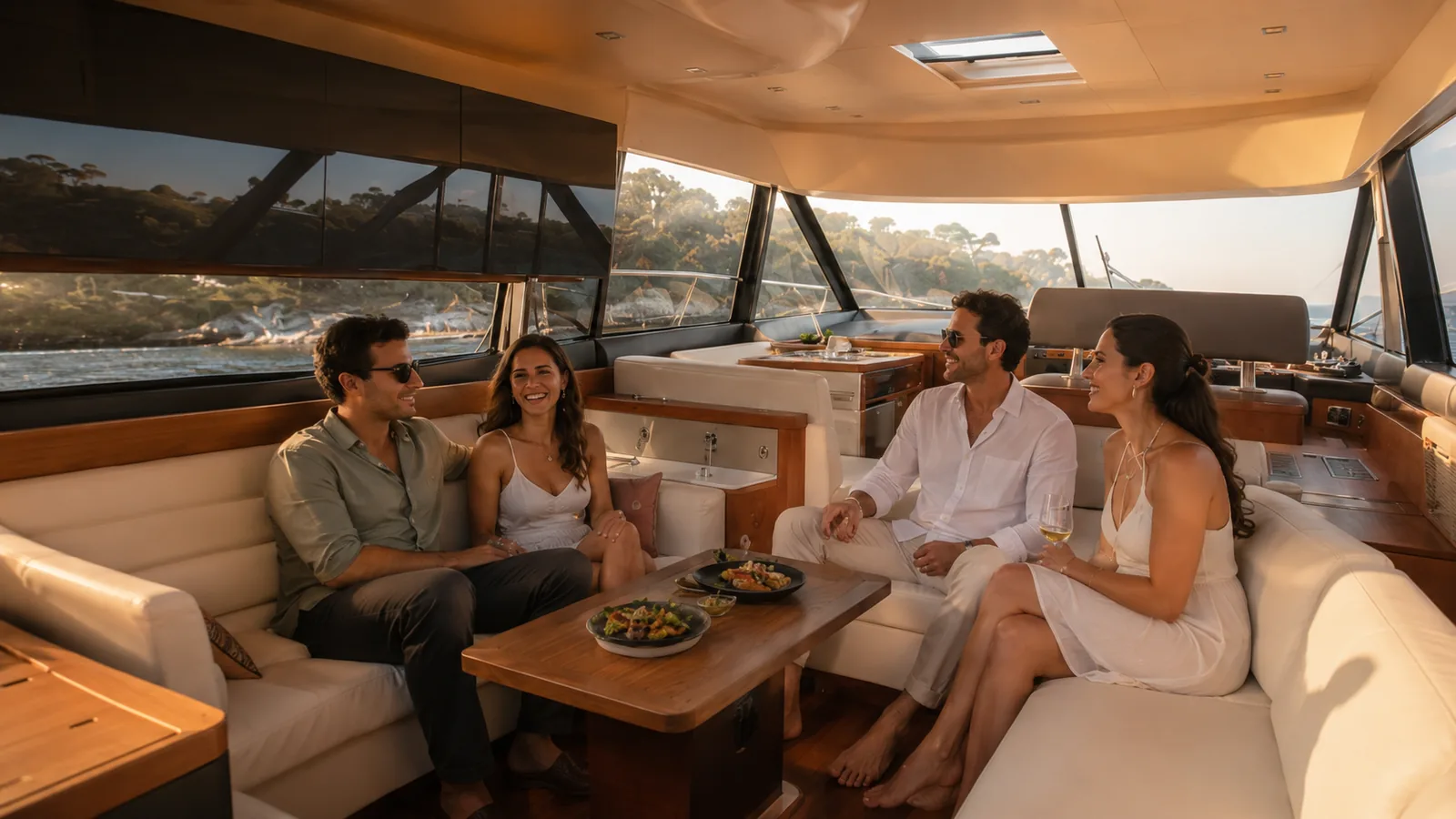 Corporate Party Aboard a Destin Yacht Charter A small group relaxing with food and wine in the salon of a corporate yacht charter in Destin at golden hour