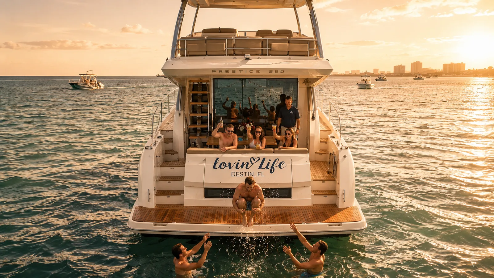 Friends toasting on the deck of a Crab Island yacht charter in Destin while others swim and play in the clear water