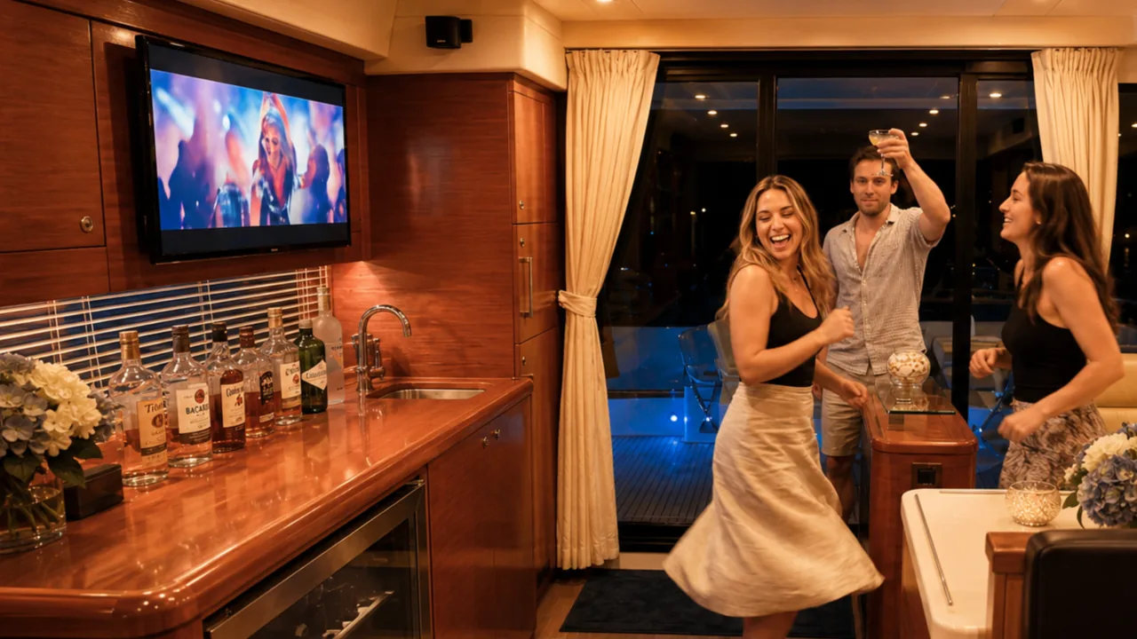 Guests celebrating in the climate-controlled interior salon of a Crab Island yacht charter in Destin