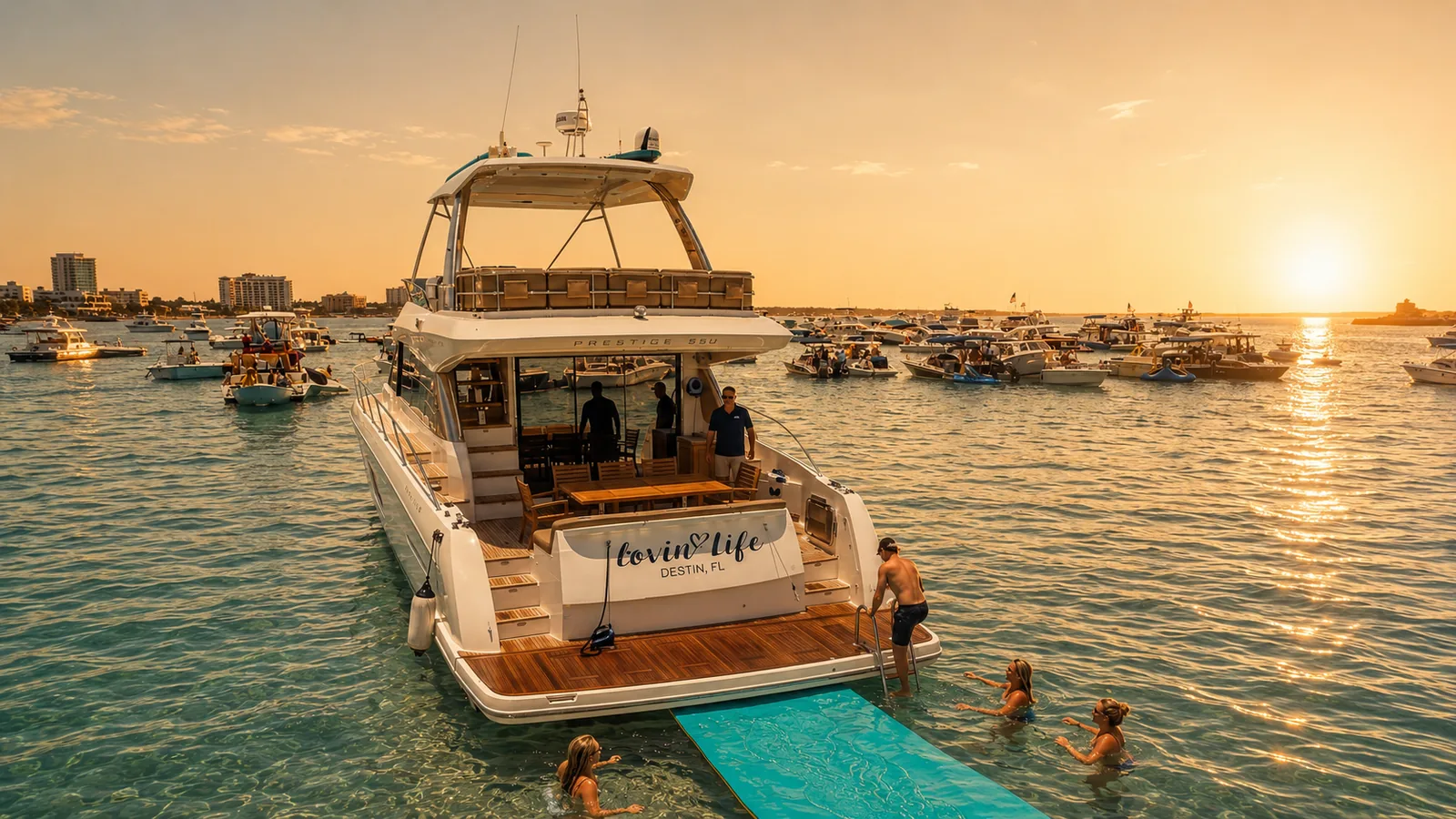 Guests swimming off the Lovin' Life yacht charter at the Crab Island sandbar in Destin, FL, with a floating water mat and crowd of boats