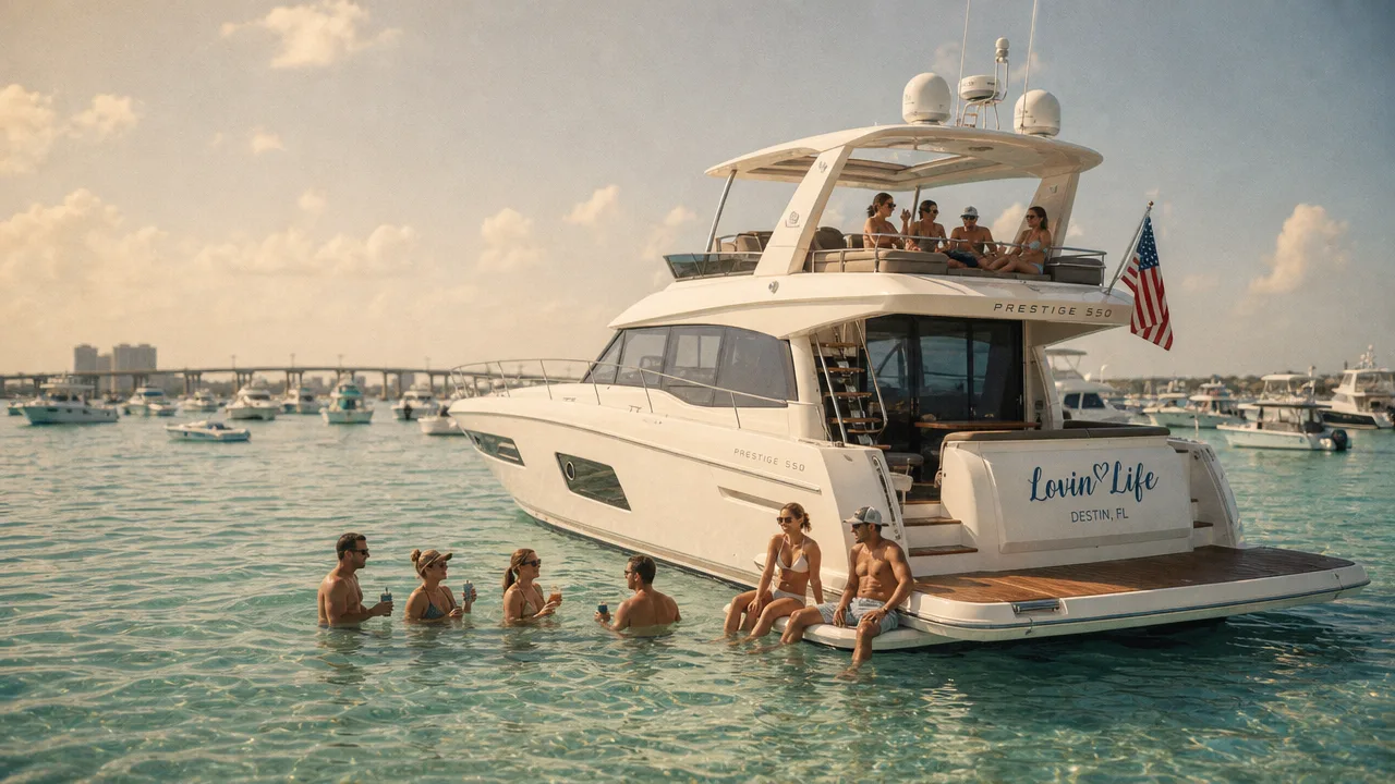 Guests swimming and relaxing beside a private yacht charter at Crab Island, Florida