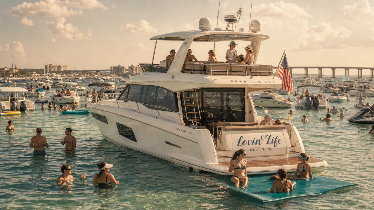 The Lovin' Life yacht anchored amid the crowd at Crab Island near Destin, Florida