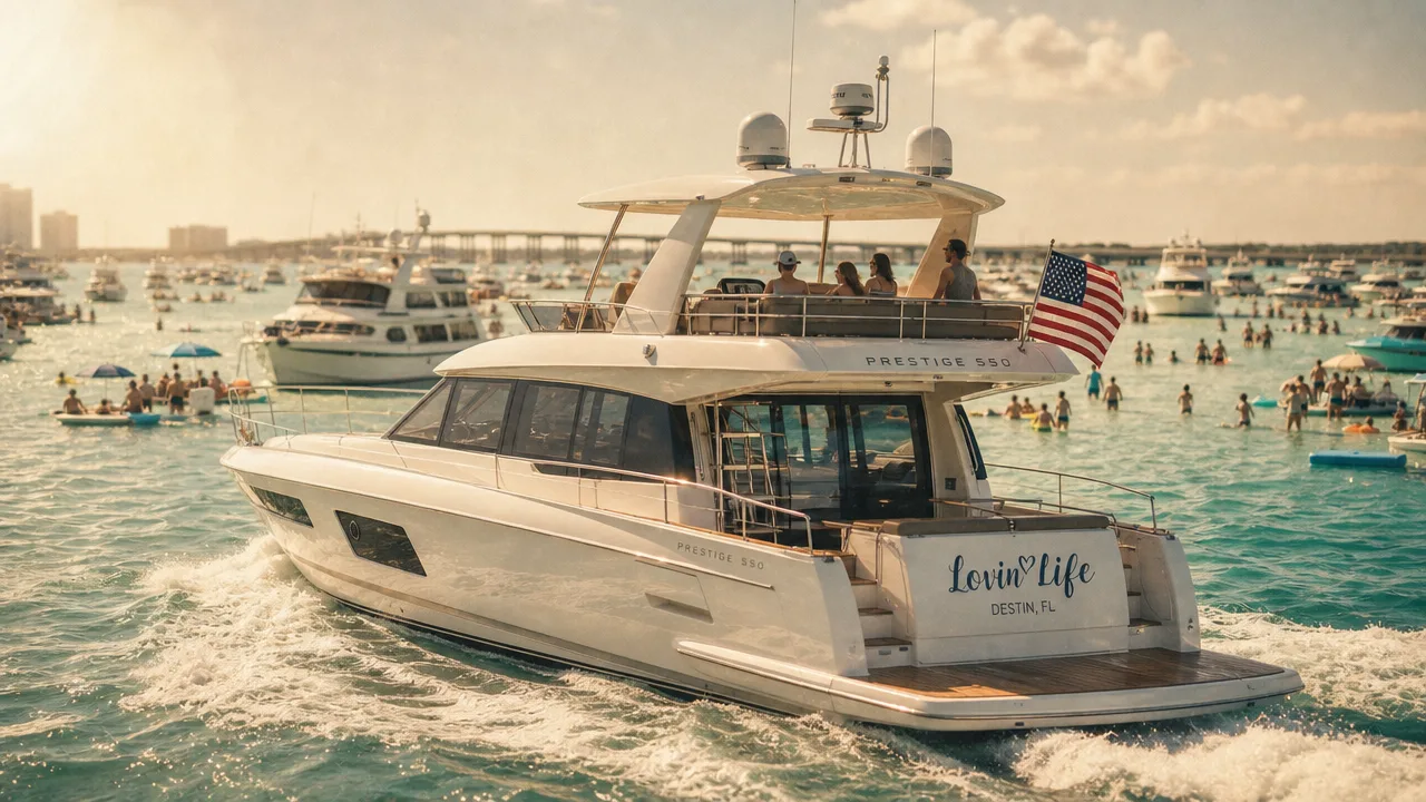 A private yacht charter anchored amid Crab Island's lively social atmosphere near Destin, Florida