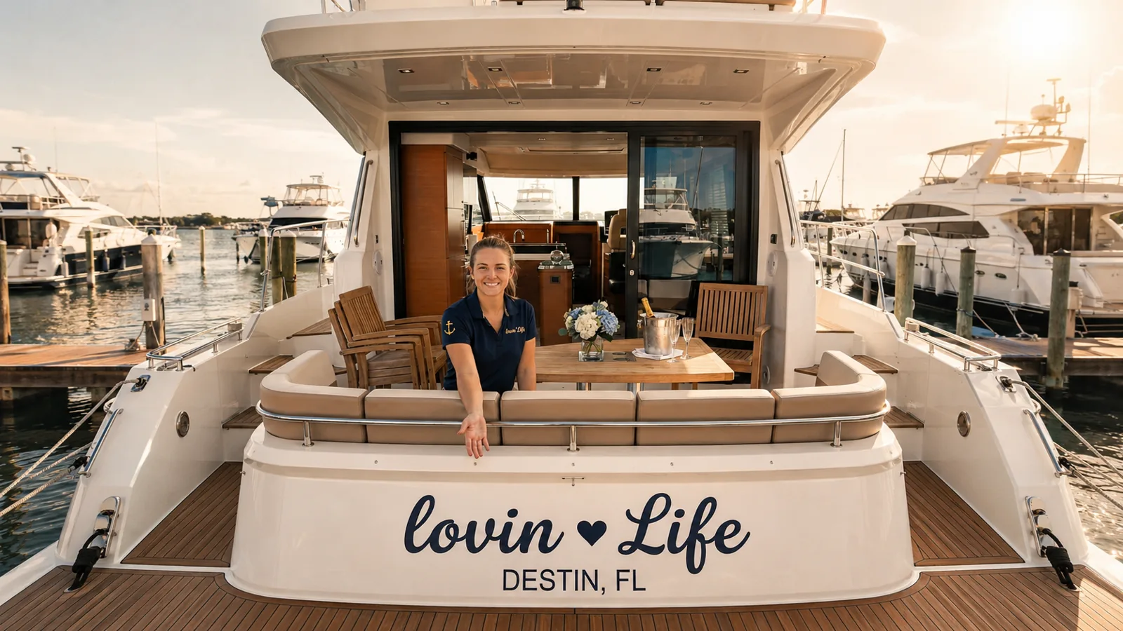 Zen Marine Charter Crew Aboard Lovin' Life, Destin FL Smiling crew aboard a private yacht charter in Destin, with a set table and champagne on the aft deck