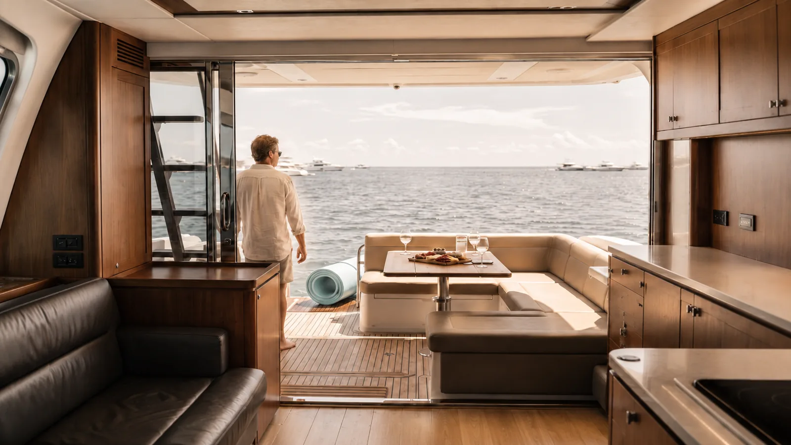 Luxury Yacht Charter Interior with Emerald Coast Views in Destin View from the salon of a luxury yacht charter in Destin, looking out to the Emerald Coast and a set table with wine and charcuterie