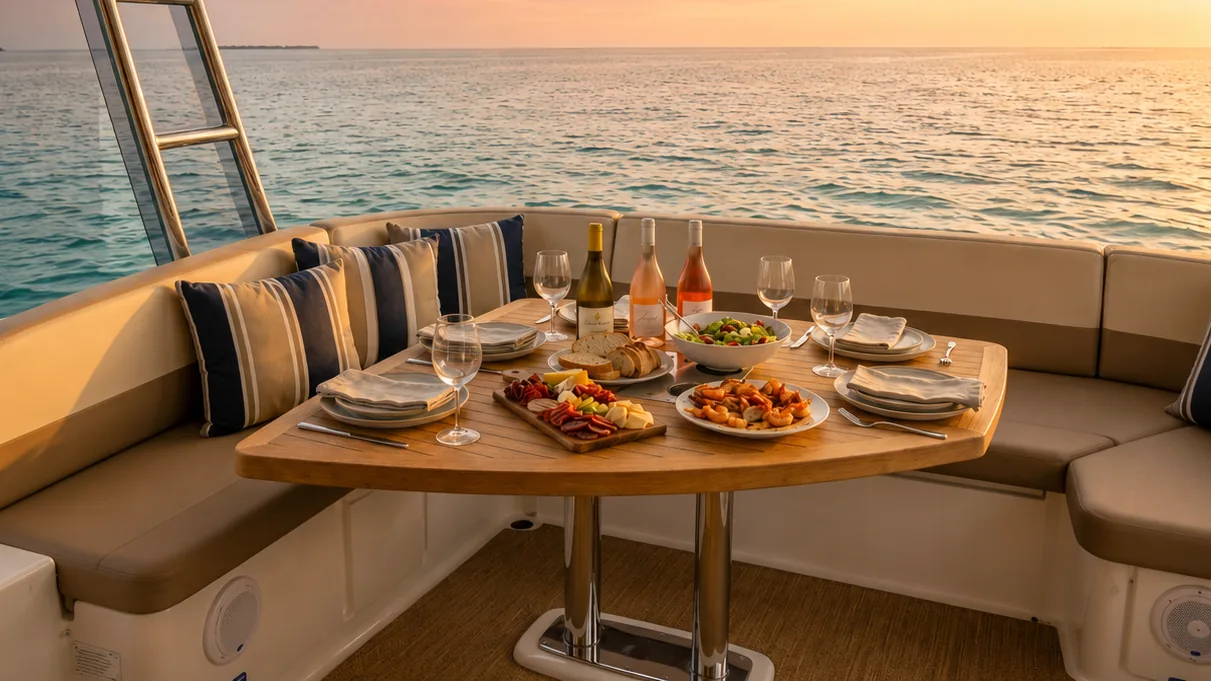 A dinner table set with wine and seafood on the aft deck of a Destin yacht charter at sunset, overlooking calm water