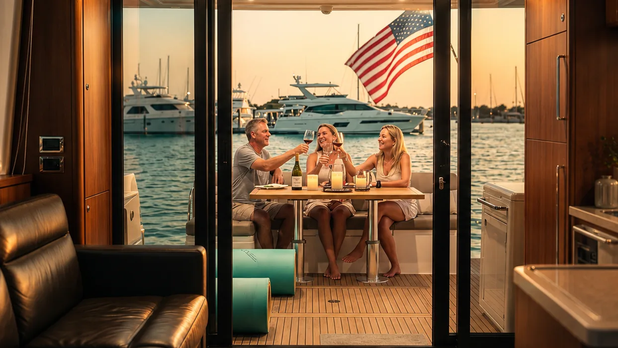 Friends toasting wine at sunset aboard a private yacht charter in Destin, with boats and an American flag behind them
