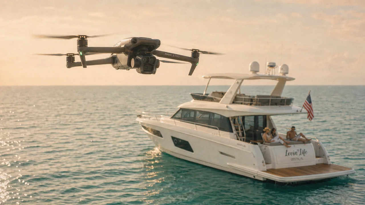 A camera drone filming the Lovin' Life yacht during a Destin charter on calm water at golden hour