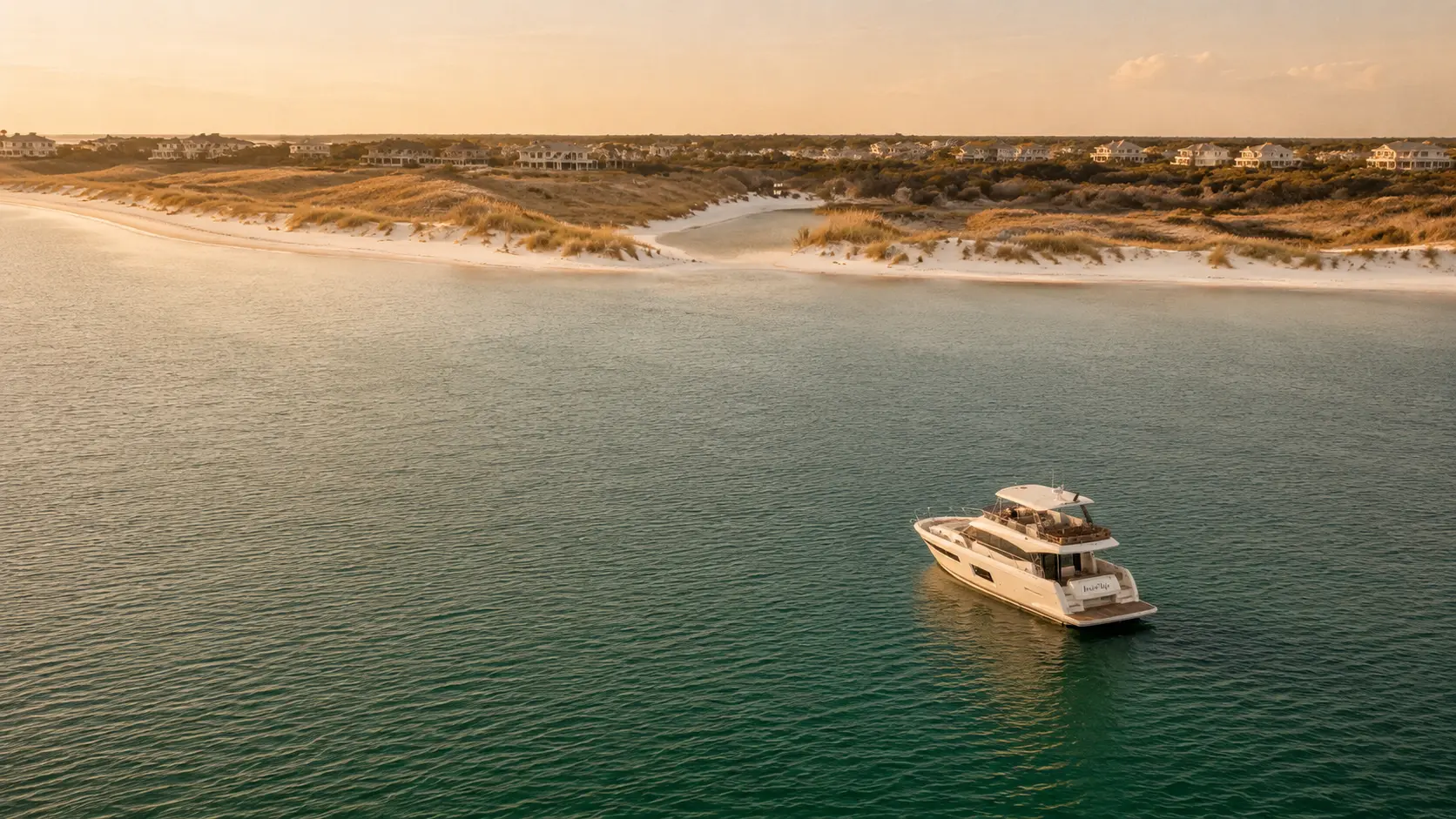 Aerial view of a private yacht charter anchored along the Dune Allen Beach, Florida coastline