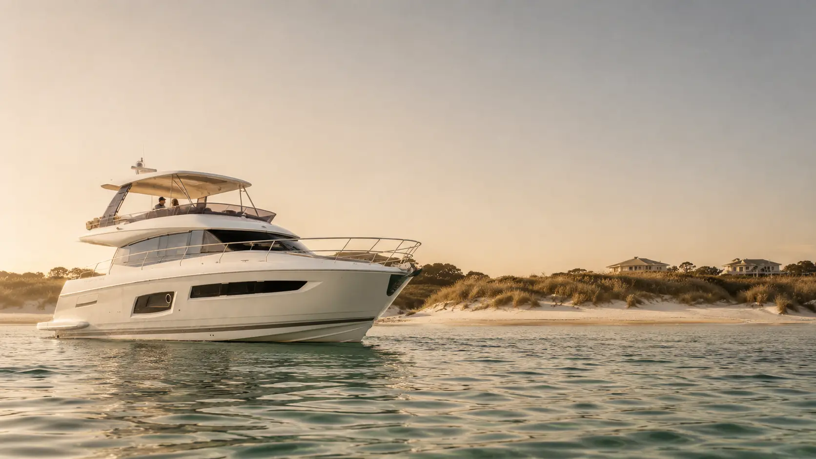A private yacht charter's bow near the shoreline of Dune Allen Beach, Florida, at sunset