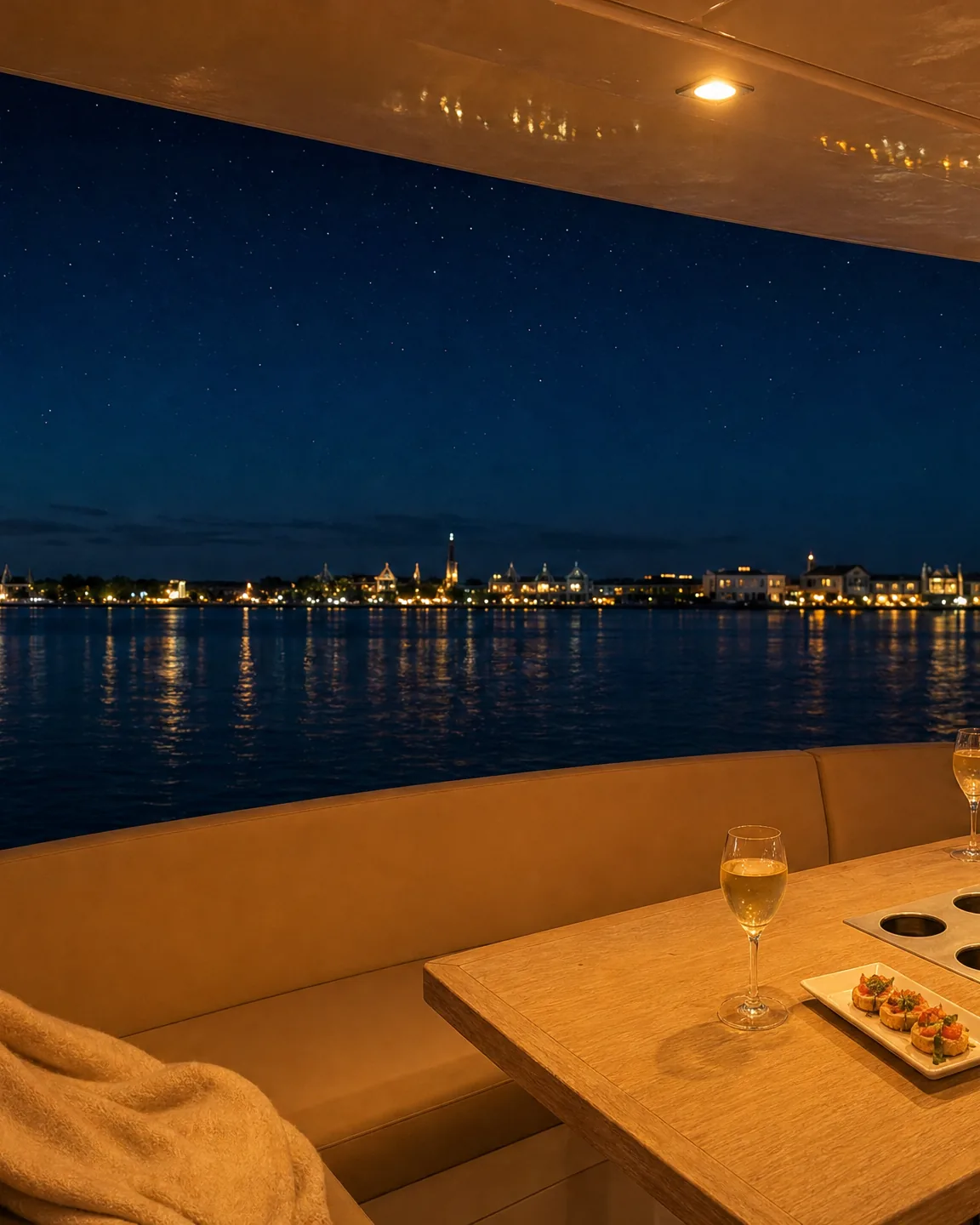Deck Detail on a Private 30A Evening Charter A glass of white wine and small canapés on the teak table of a yacht’s covered aft deck at night, with a throw blanket on the banquette and the lights of the 30A coastline reflected on the water beyond