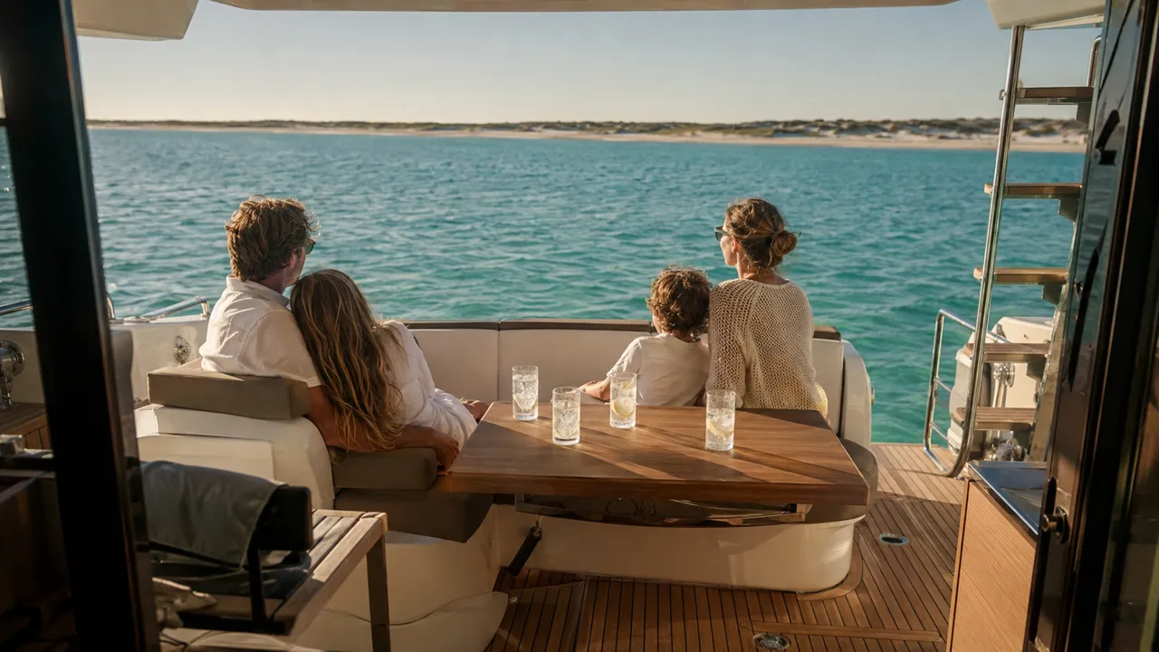 Family relaxing on the aft deck of a private yacht charter off the eastern 30A coast