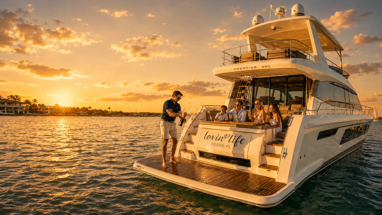 A captain pouring champagne as a family celebrates Father's Day aboard a private yacht charter in Destin, FL