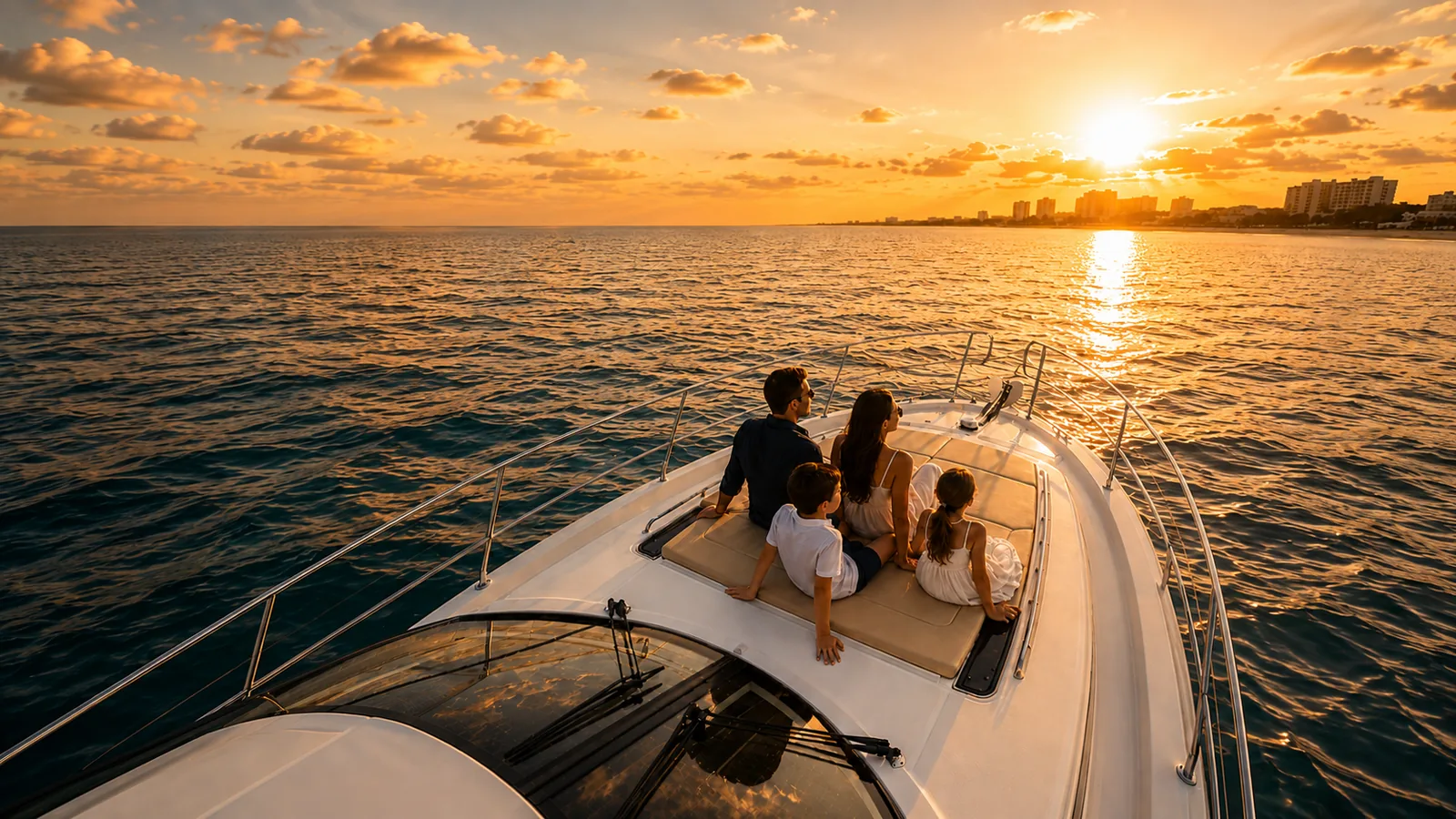 A family watching the sunset from the bow of a yacht charter in Destin, a relaxed way to spend Father's Day on the water