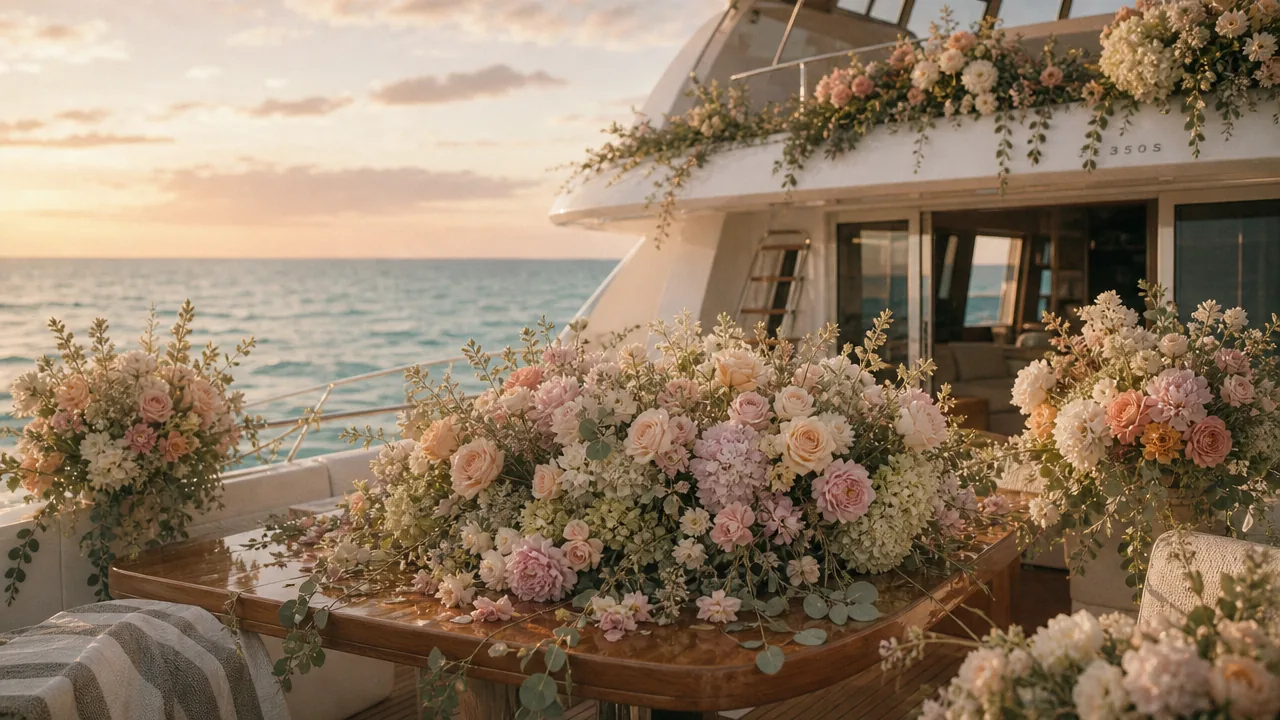 Pastel floral arrangements decorating the deck of a Destin yacht charter at sunset for a special event