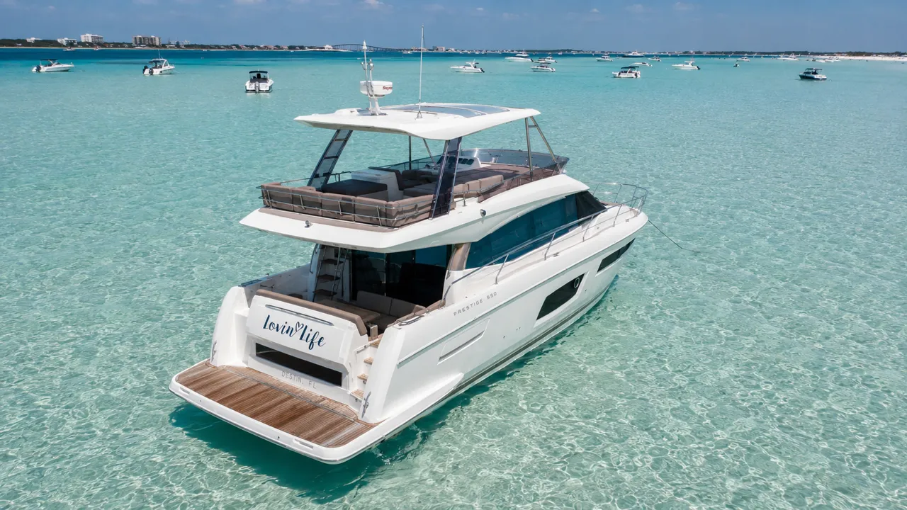 Private yacht anchored in the shallow sandbar water at Crab Island near Destin, Florida