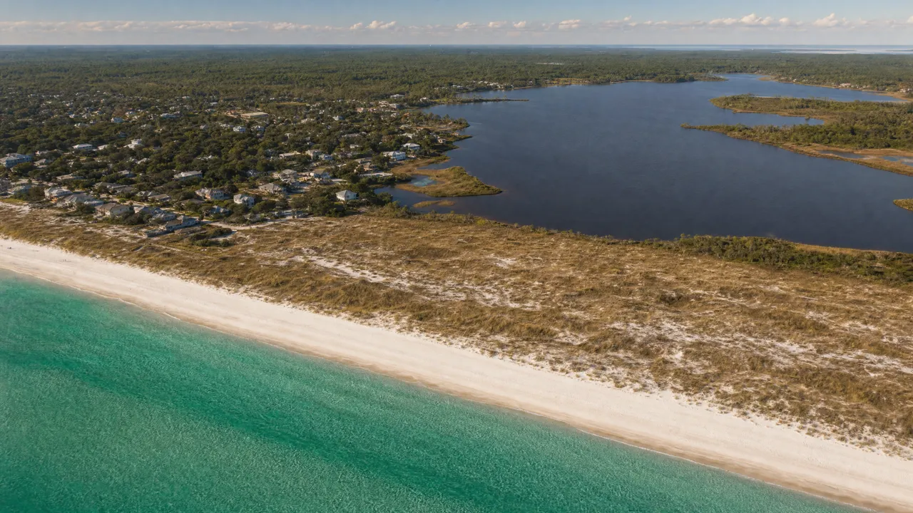 Aerial view of the Grayton Beach shoreline with Western Lake and the state park along 30A