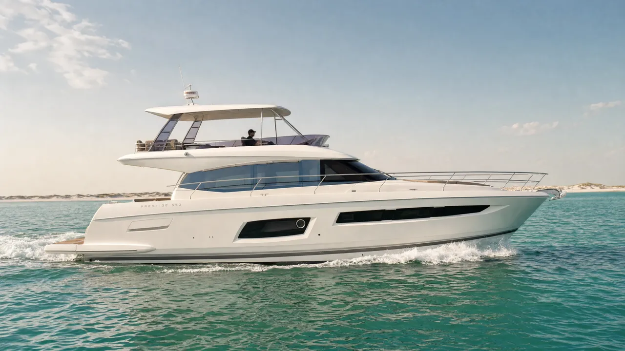 Lovin' Life, a 57 foot Prestige 550 Flybridge yacht, cruising the emerald water off the 30A coast