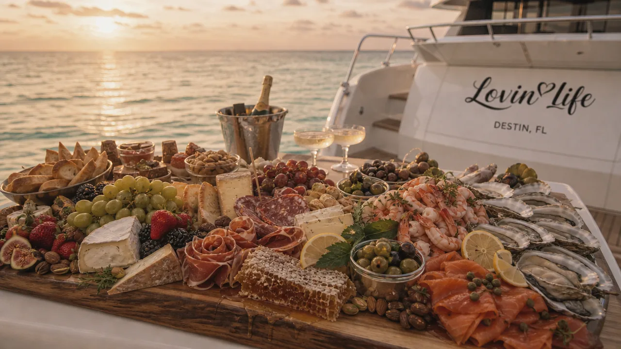 A large grazing table of charcuterie, seafood, and fruit aboard the Lovin' Life Destin yacht charter at sunset