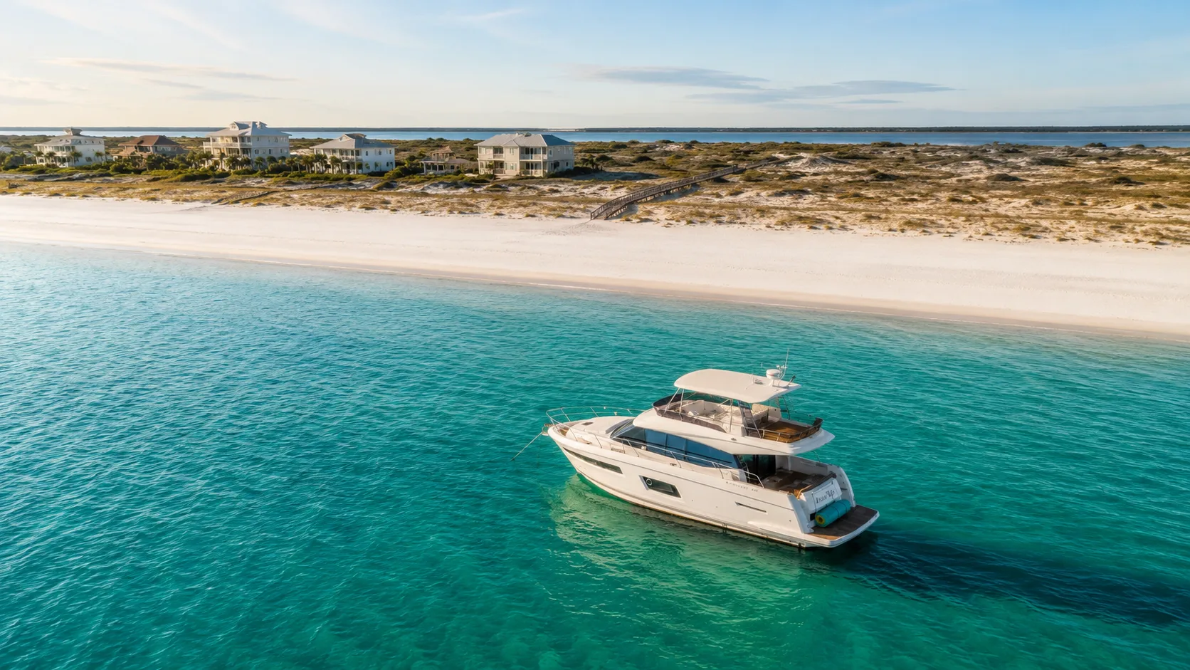 Lovin' Life anchored off Inlet Beach, Florida, near the dune-lined shoreline