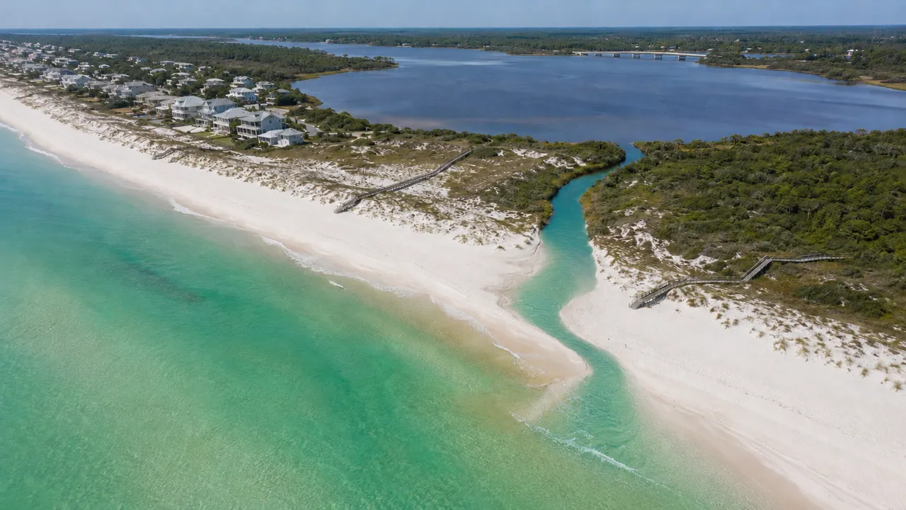 Aerial view of the Inlet Beach shoreline at the eastern end of 30A with Lake Powell beyond