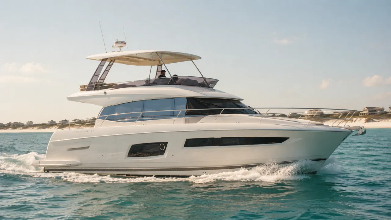 Lovin' Life, a 57 foot Prestige 550 Flybridge yacht, cruising the emerald water off the 30A coast