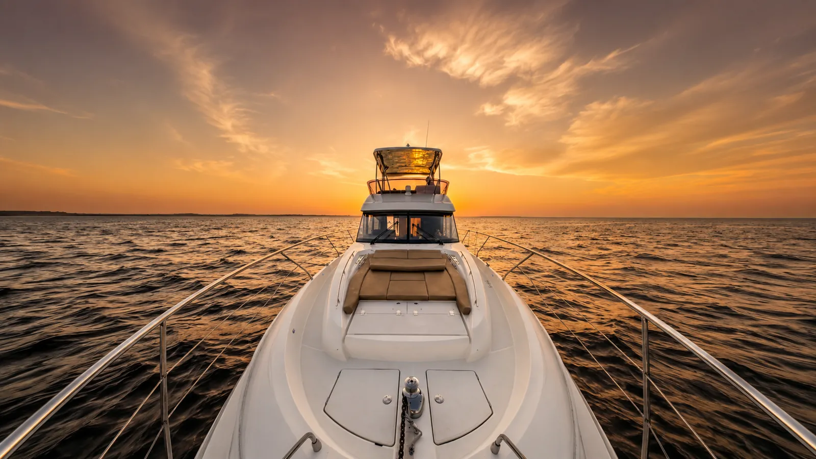 Sunset Cruise Along the Emerald Coast on Labor Day Weekend The view forward over the bow of the Lovin’ Life yacht as the sun sets over the Gulf on a Labor Day weekend sunset cruise