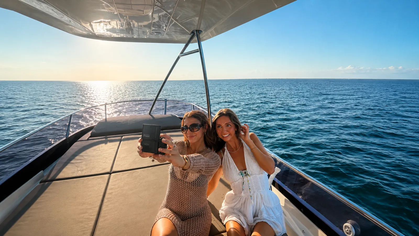 Guests on the Bow of a 30A Yacht Charter in September Light Two guests sitting on the bow of a yacht charter off 30A taking a photograph together, backlit by low September sun over the Gulf