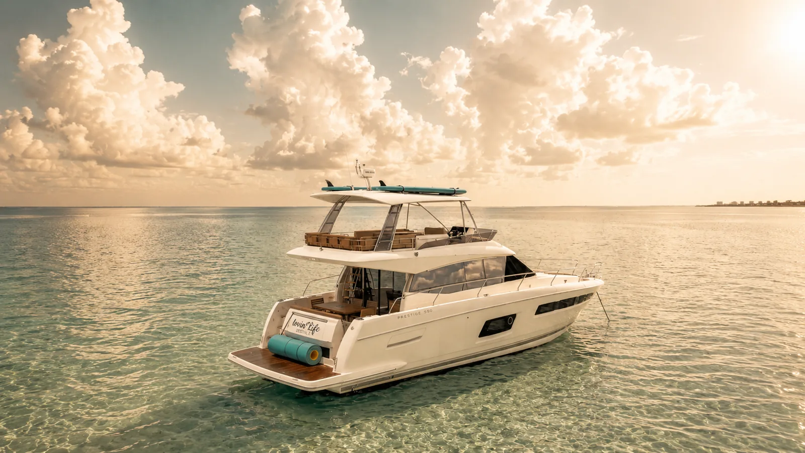 Lovin' Life Luxury Yacht Charter in Destin Zen Marine Charter's flybridge yacht moored over the green water of the Emerald Coast in Destin