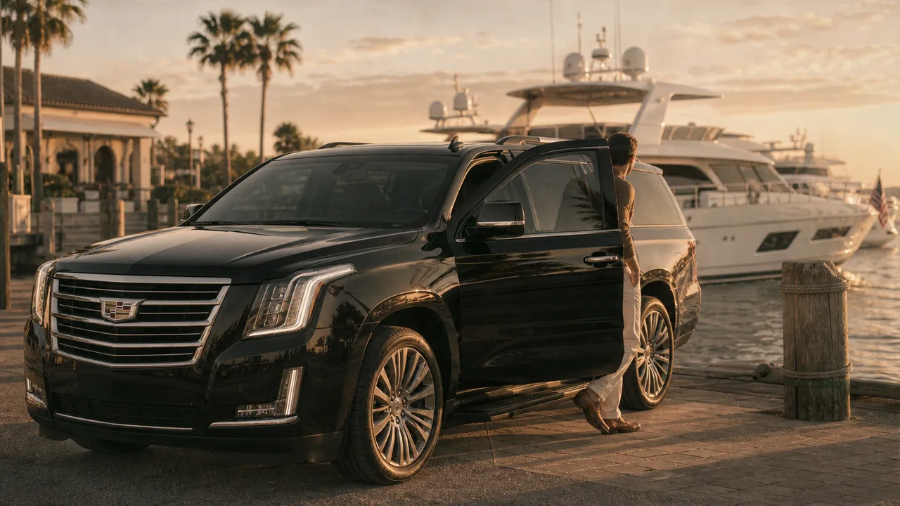 A black luxury SUV waiting at a Destin marina to transport guests to a yacht charter at sunset