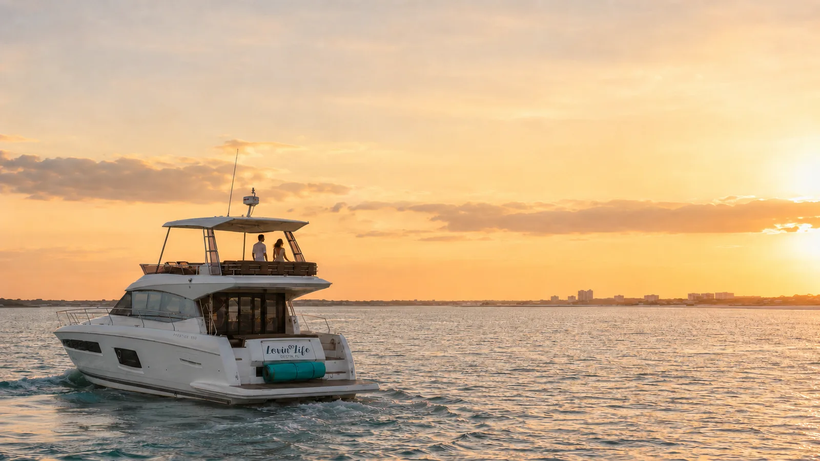 Dolphin Watching and Sunset Views on a Destin Yacht Charter Dolphins swimming alongside a private yacht charter at sunset off the coast of Destin, Florida