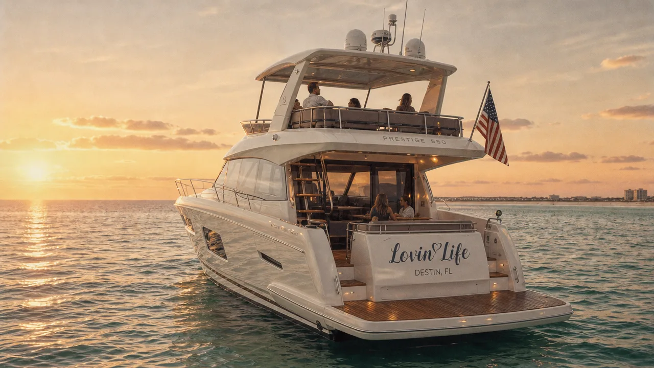 Guests toasting aboard Lovin' Life at sunset near Miramar Beach, Florida