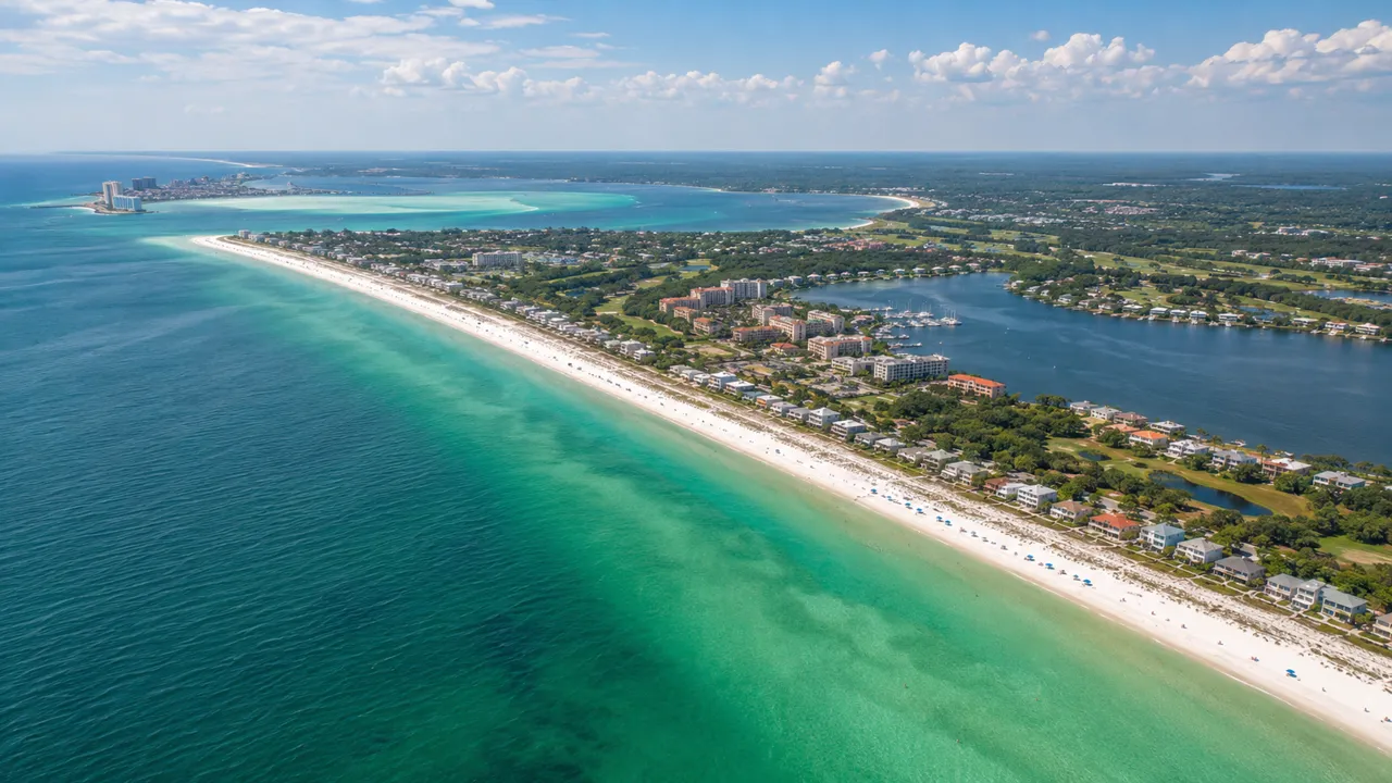 Aerial view of the Miramar Beach and Sandestin shoreline with Crab Island and the 30A corridor beyond
