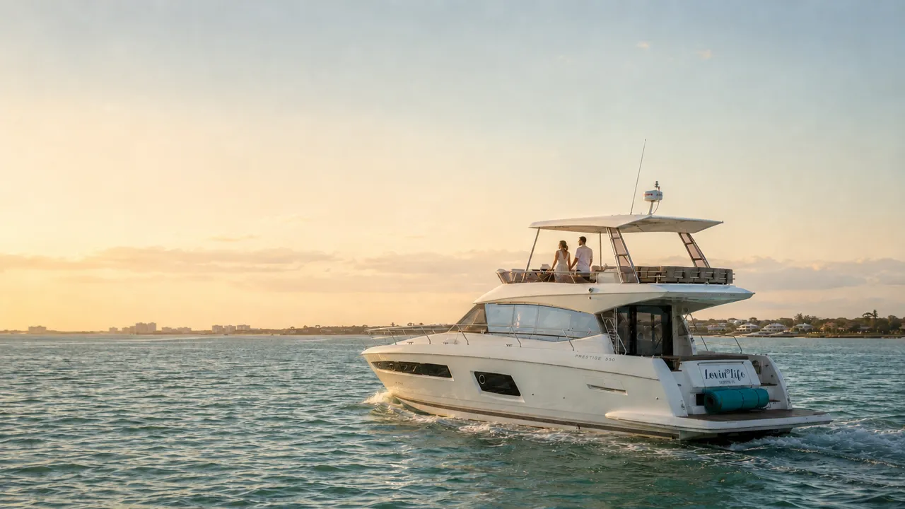 Lovin' Life, a 57 foot Prestige 550 Flybridge yacht, cruising the emerald water off Miramar Beach, Florida