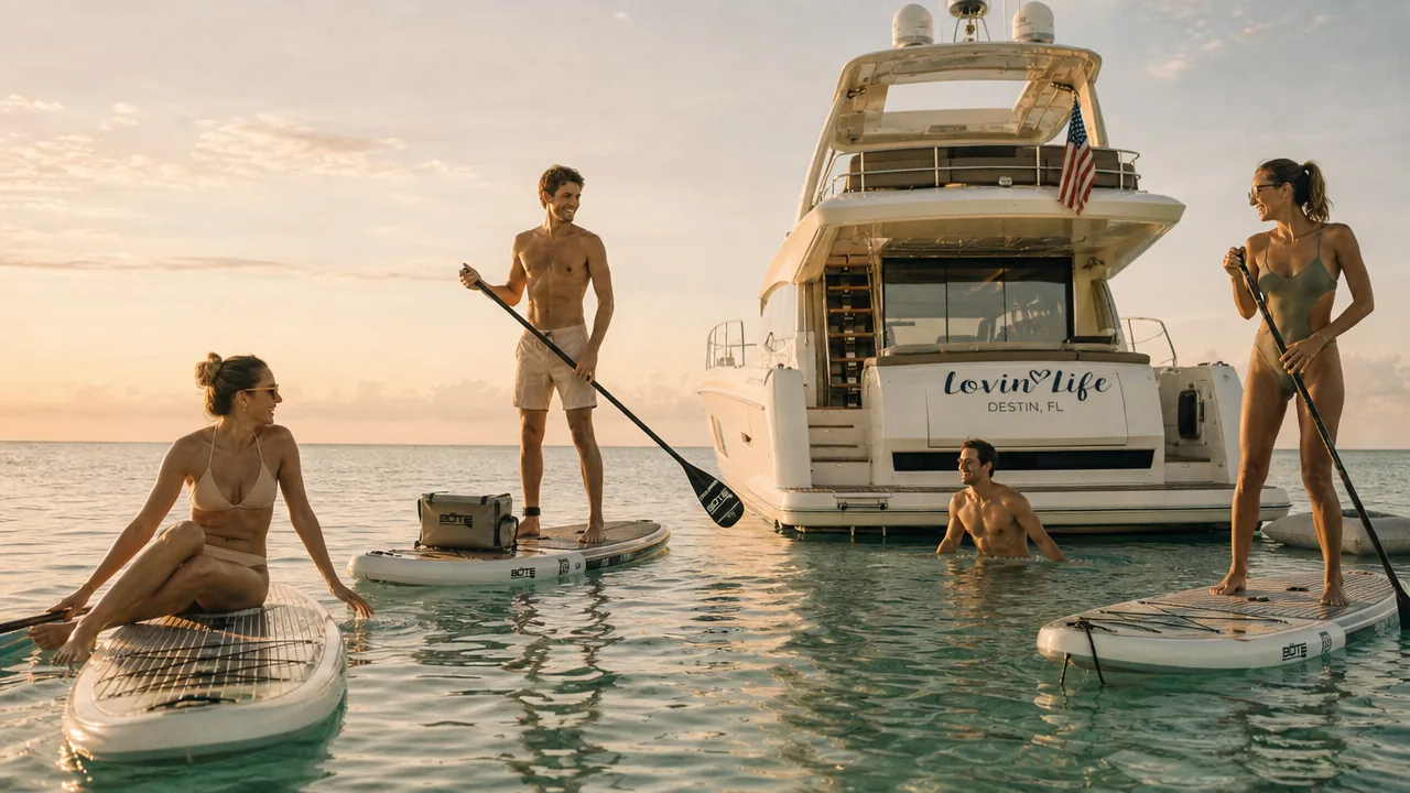 Guests paddleboarding beside the Lovin' Life yacht during a Destin charter on calm turquoise water at sunset