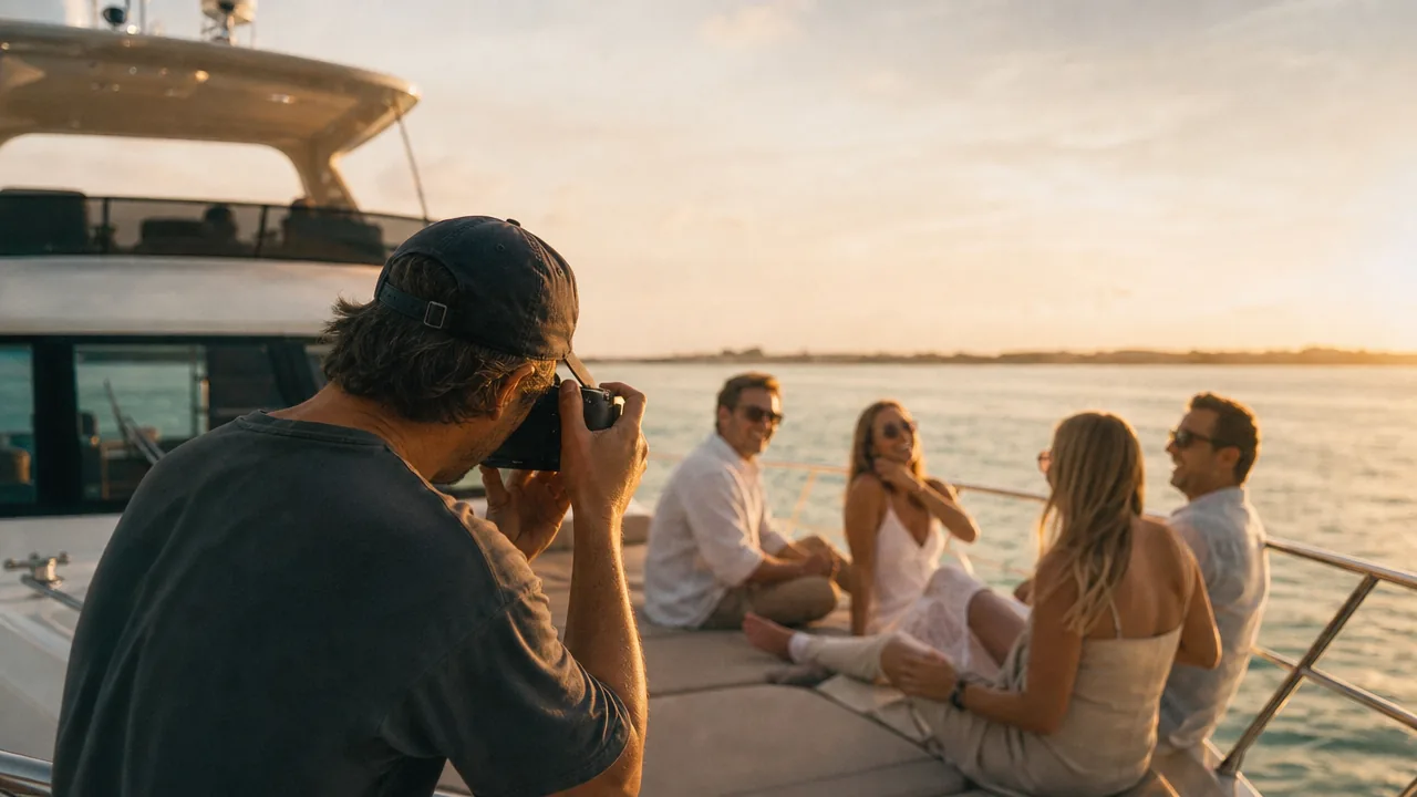 A photographer capturing a group on the bow of a Destin yacht charter at sunset