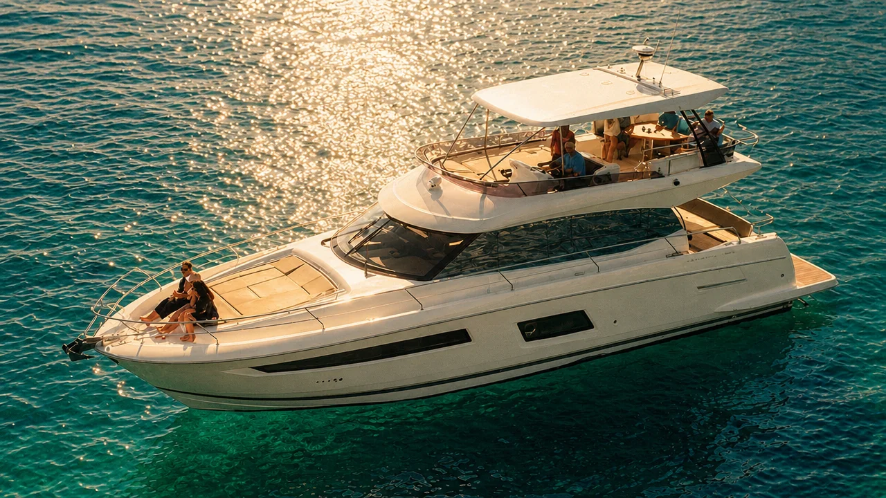 Aerial view of a Prestige 550 yacht with guests on the bow, cruising calm golden water near Destin