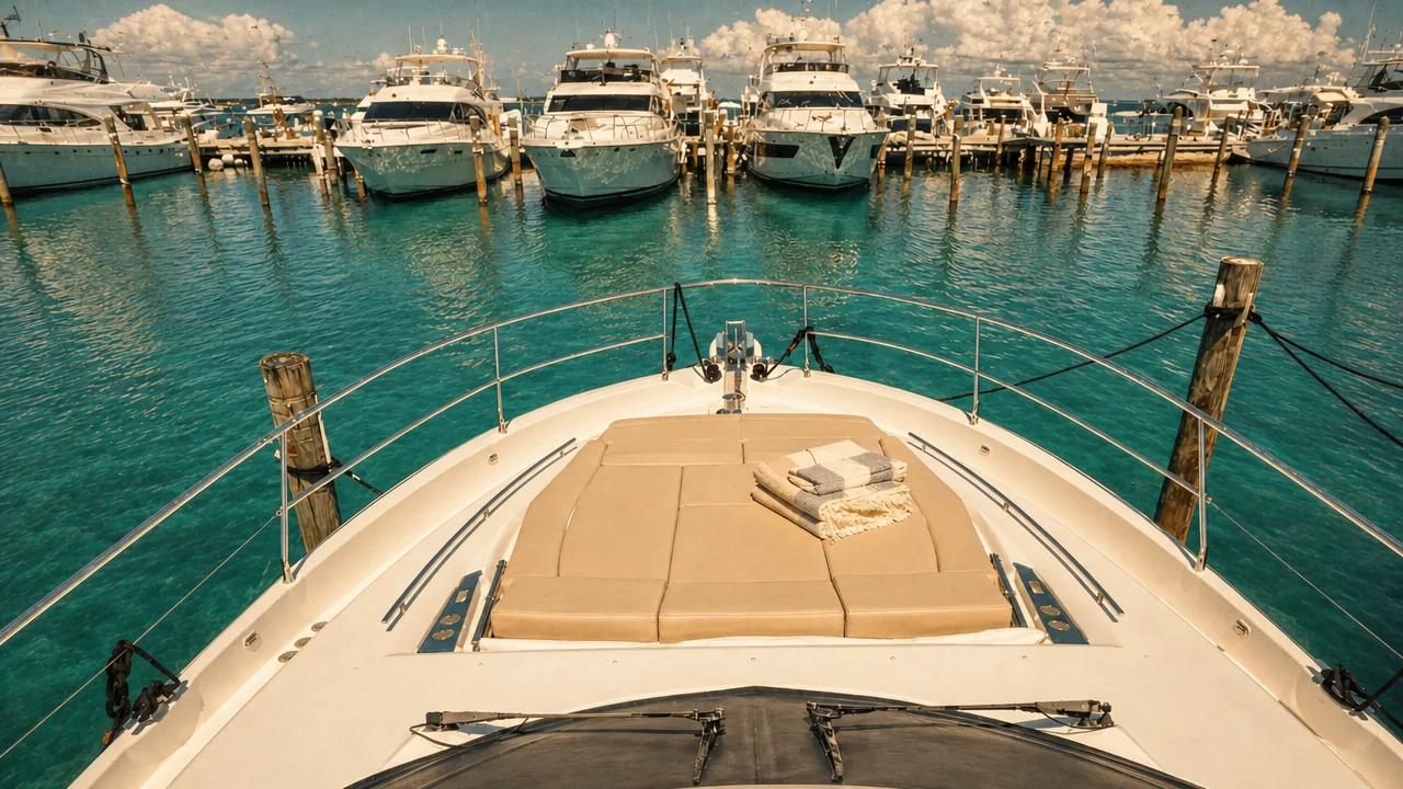 Front bow view of a Prestige 550 yacht with sunpad and towels, docked over turquoise water in Destin