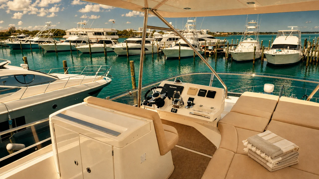 Flybridge helm and lounge seating of a Destin yacht charter docked at the marina