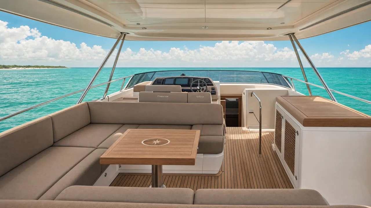 Shaded flybridge seating aboard a 57 foot Prestige 550 yacht overlooking the Gulf of Mexico